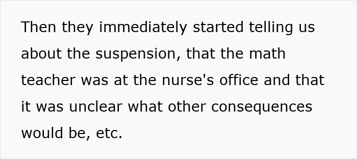 Text excerpt discussing suspension and consequences after a teacher scares student and he reacts in shock during class. Text excerpt discussing suspension and consequences after a teacher scares student and he reacts in shock during class.