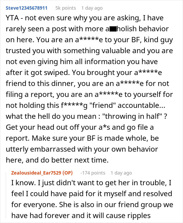 Screenshot of a Reddit thread discussing a man catching a friend stealing his boyfriend’s camera and confronting her true colors. Screenshot of a Reddit thread discussing a man catching a friend stealing his boyfriend’s camera and confronting her true colors.