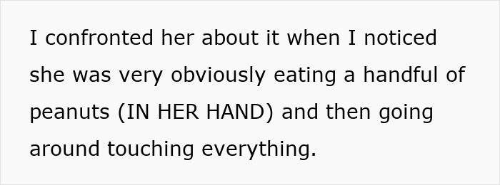 Text excerpt showing a woman confronting sister-in-law about eating peanuts and risking anaphylaxis despite no-peanut rule.
