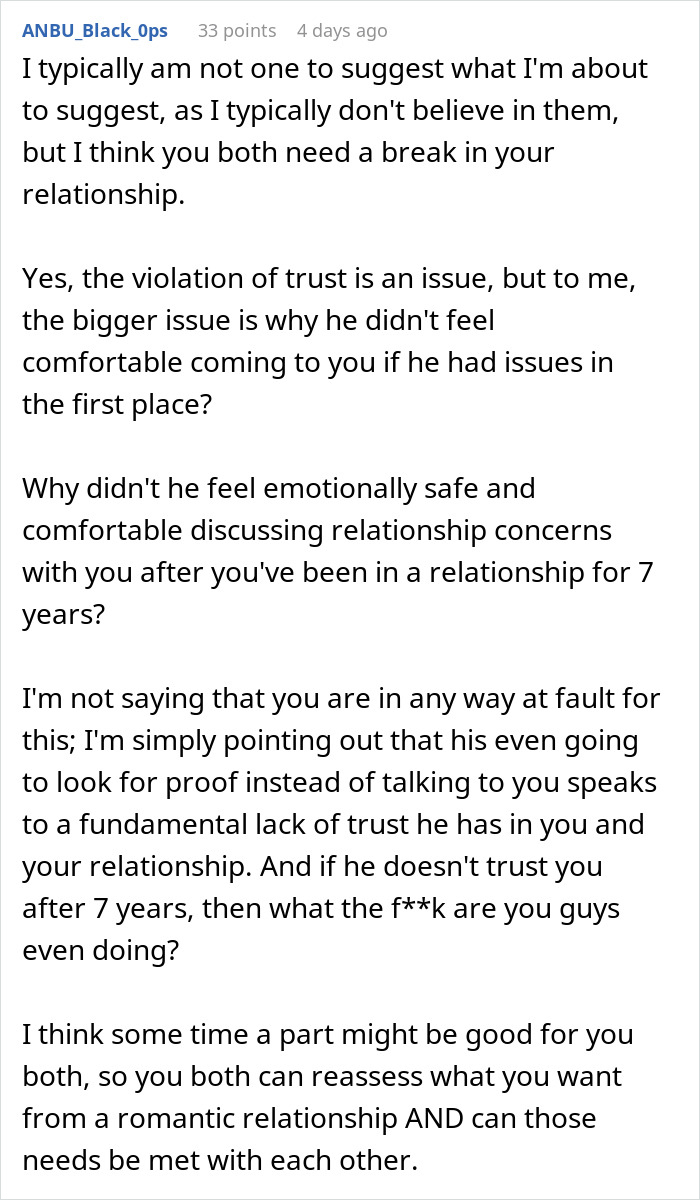 Screenshot of a text comment discussing trust issues in a long-term relationship and emotional safety concerns. Screenshot of a text comment discussing trust issues in a long-term relationship and emotional safety concerns.
