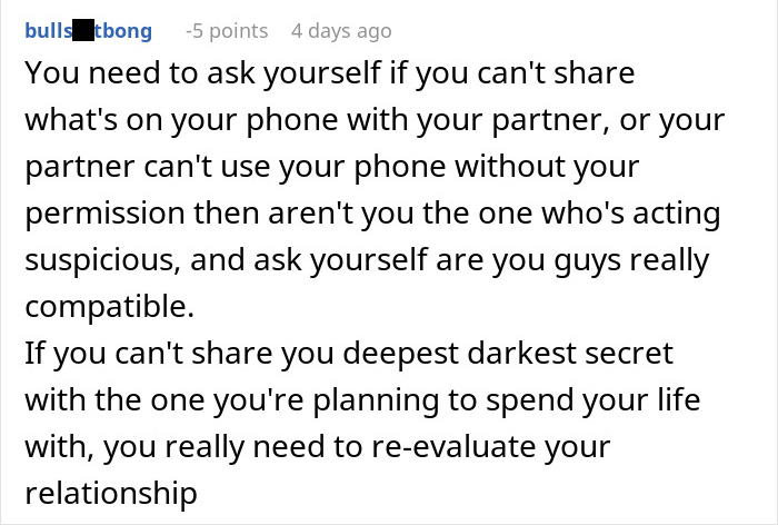 Comment discussing trust and relationship compatibility when a man goes through his girlfriend’s phone without permission Comment discussing trust and relationship compatibility when a man goes through his girlfriend’s phone without permission