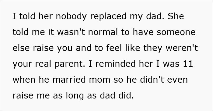 Text excerpt about bride refusing to let mom's husband walk her down the aisle, explaining family feelings and past.