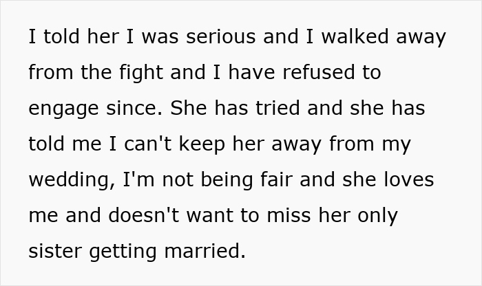 Text about bride refusing mom's hubby at wedding, dealing with family conflict over the aisle walk decision.