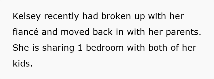 Text block describing Kelsey moving back with her parents after a breakup, sharing one bedroom with her kids. Text block describing Kelsey moving back with her parents after a breakup, sharing one bedroom with her kids.