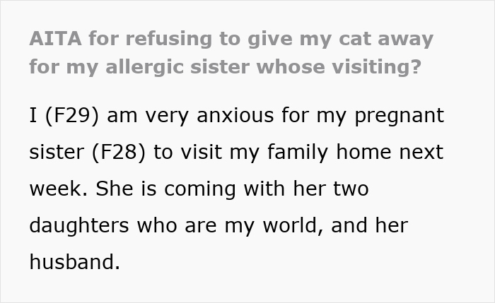 Text post about refusing to give away cat due to pregnant sister visiting, showing tension with parents and family. Text post about refusing to give away cat due to pregnant sister visiting, showing tension with parents and family.