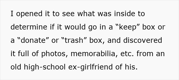 Text excerpt about deciding what to do with an ex-girlfriend’s memory box containing photos and memorabilia.