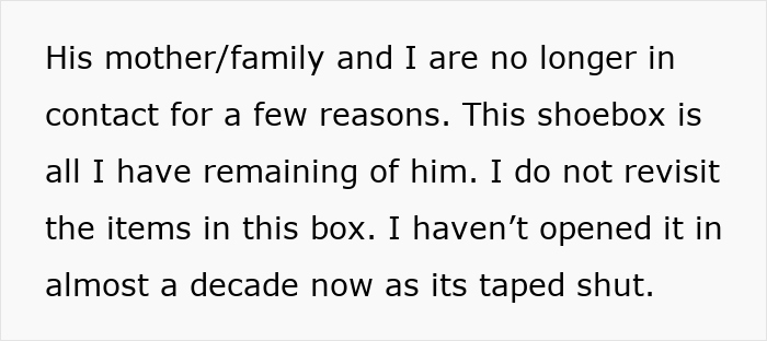 Text on a white background discussing a memory box unopened for almost a decade, related to late ex-BF's items.