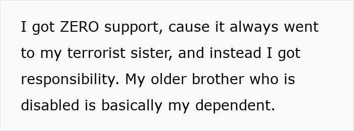 Text on a white background stating no support was given due to a problematic sister, with responsibility for a disabled older brother. Text on a white background stating no support was given due to a problematic sister, with responsibility for a disabled older brother.