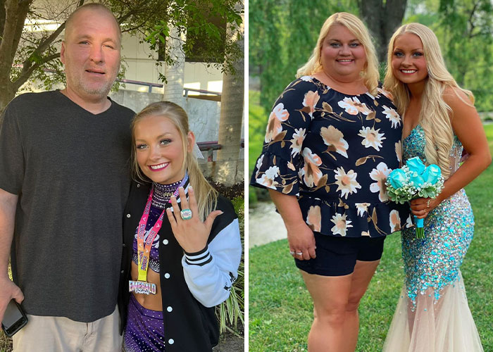 Cheerleader appearing all glammed up in court, posing with family members outdoors in casual and formal attire. Cheerleader appearing all glammed up in court, posing with family members outdoors in casual and formal attire.