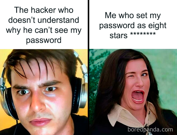 Man with headphones confused about password, woman winking and smiling, representing funny memes programmers created.