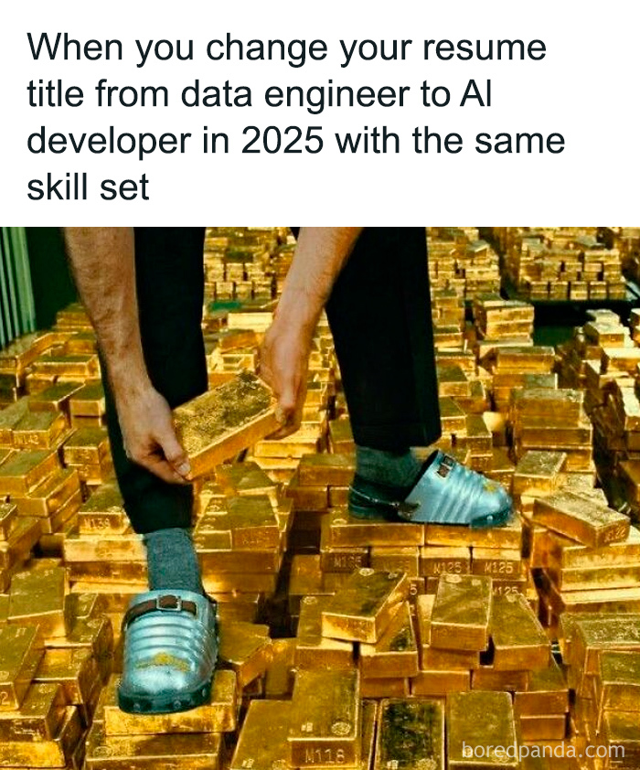 Person surrounded by gold bars holding one, illustrating a humorous programmer meme about changing job titles with same skills.