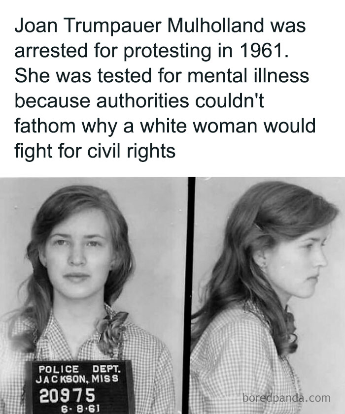 Black and white mugshot of Joan Trumpauer Mulholland from 1961, related to funny memes challenging history knowledge.