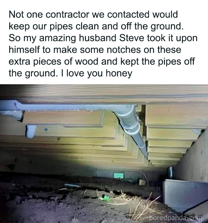 DIY solution to keep pipes off the ground in a crawl space, related to people who came close to death and didn’t realize it.