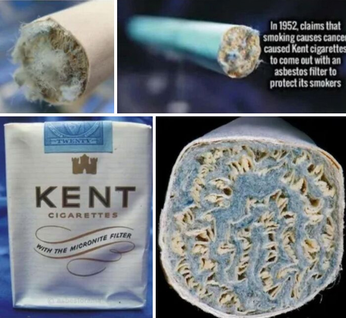 Close-up images of Kent cigarettes and asbestos filter, highlighting dangers related to people who came close to death.