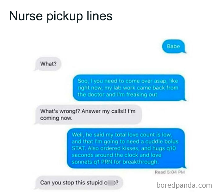 Text message exchange with nurse pickup lines using medical terms humorously, highlighting cringe-worthy but wholesome moments.