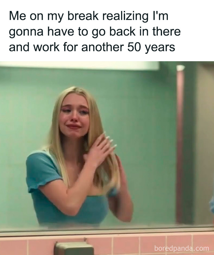 Woman looking upset in bathroom mirror meme illustrating millennial struggles at work and long career frustrations.