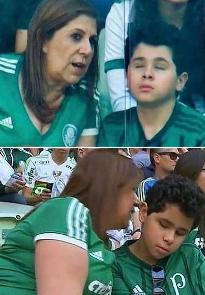 Two moms wearing green soccer jerseys showing wholesome moments with their children at a sports event.
