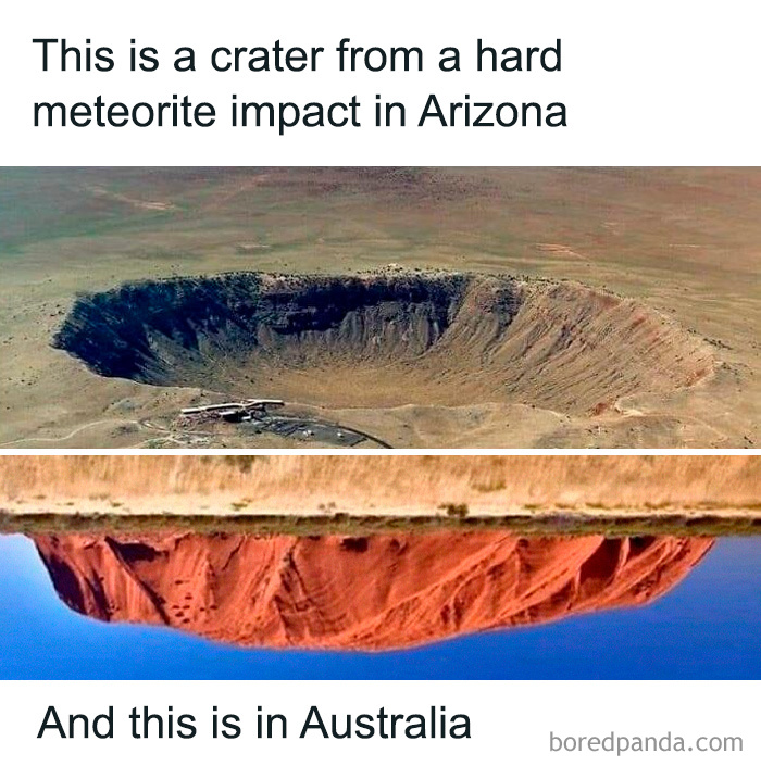 Meteorite impact crater in Arizona contrasted with an inverted landscape in Australia showing absurd scientific takes.