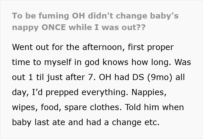 Screenshot of a parenting forum post about dad forgetting to change diaper and feed baby during first childcare experience. Screenshot of a parenting forum post about dad forgetting to change diaper and feed baby during first childcare experience.