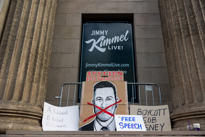 Protest signs in front of Jimmy Kimmel Live studio amid controversy and suspension over insensitive remarks. Protest signs in front of Jimmy Kimmel Live studio amid controversy and suspension over insensitive remarks.