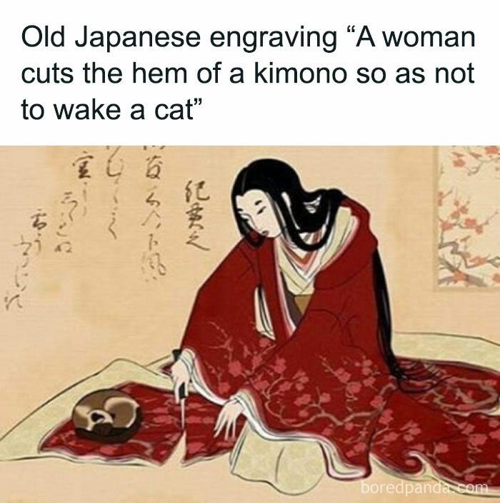 Old Japanese engraving showing a woman carefully cutting a kimono hem to avoid waking a cat, medieval cats artwork.