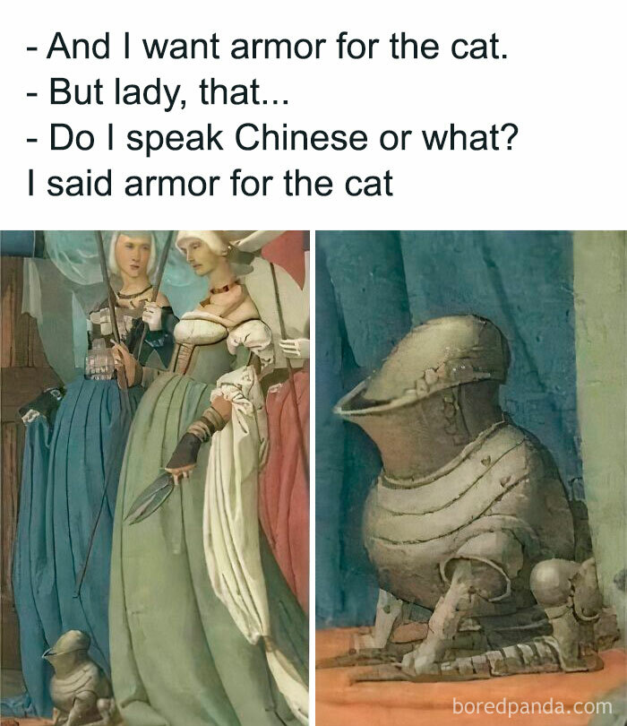 Medieval cats depicted in historical artwork wearing armor, showcasing humans' long-standing obsession with cats.