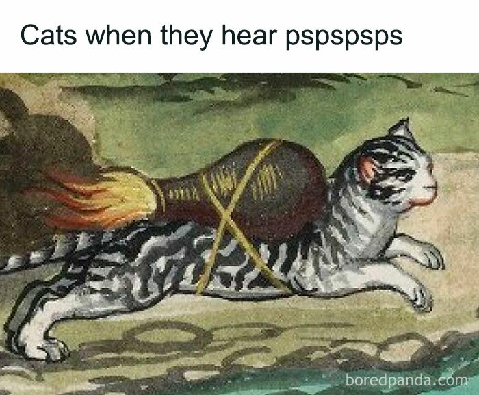 Medieval cats illustrated in a humorous scene with a running striped cat and a flaming object tied to its back.