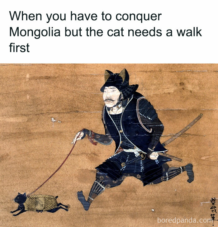 Medieval cats depicted in historic artwork showing a warrior walking a cat on a leash, blending history and feline obsession.