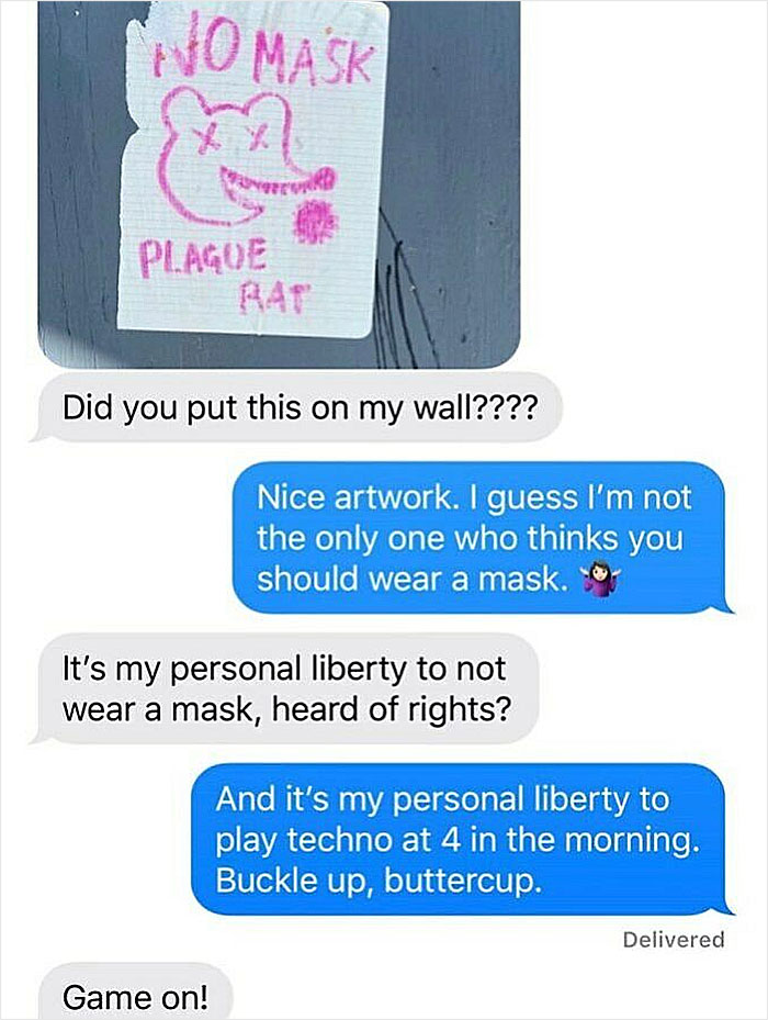 Text conversation between neighbors arguing about mask-wearing and personal liberty, illustrating unbearable neighbor conflicts.