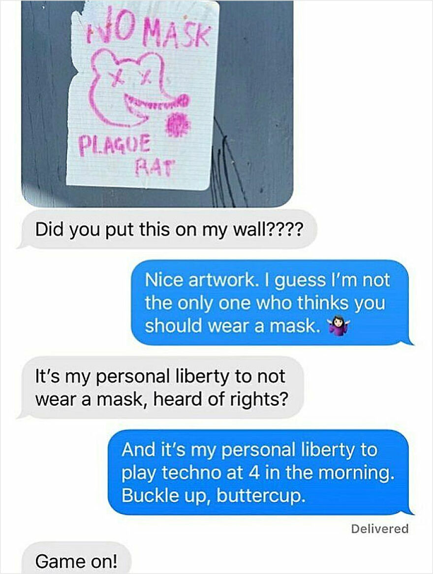 Text message exchange about mask-wearing and personal liberty highlighting reasons to live in the middle of nowhere with no neighbors.