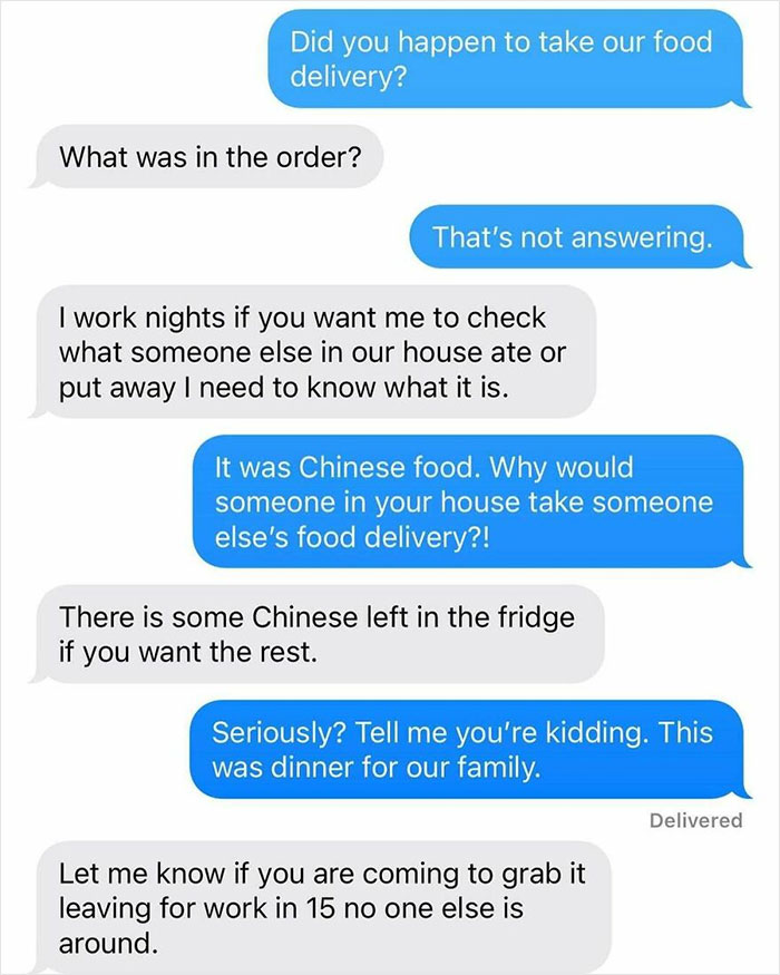 Text message exchange about a neighbor confronting someone over a missing Chinese food delivery.