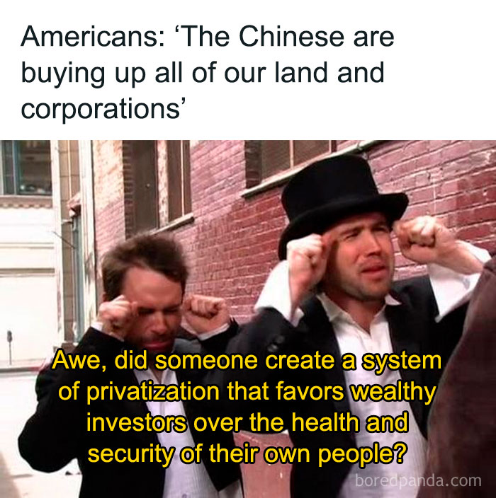 Two men sarcastically reacting to Americans blaming Chinese investors, illustrating actions meeting consequences concept.
