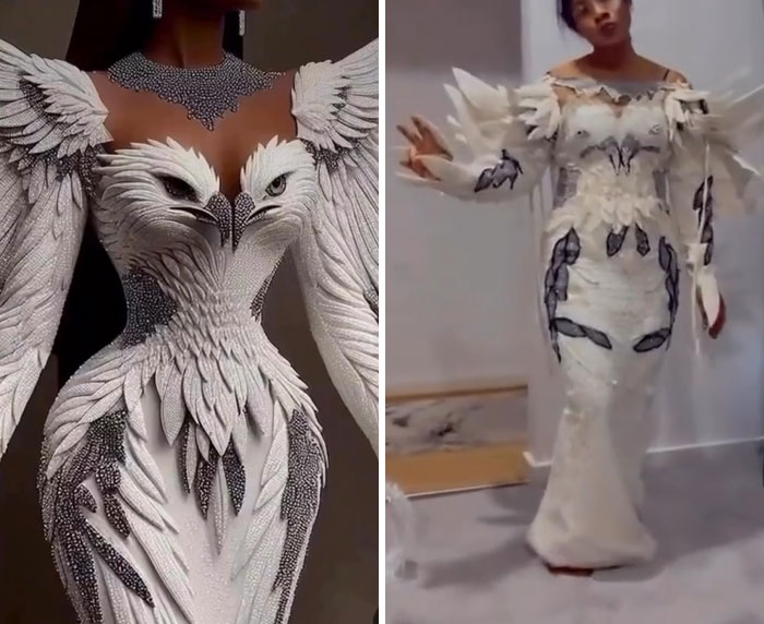Woman wearing a detailed white eagle dress versus a poorly made version, illustrating funny what I ordered vs what I got fails.