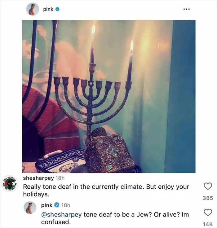 Pink's comment on a fan's post about a menorah sparks unexpected gems in the comments from celebs on social media.