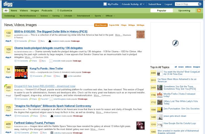 Screenshot of the early internet mystery site Digg showing popular news, videos, and images that still puzzle folks today.