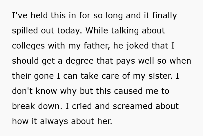 Teen feels like a prisoner babysitting autistic sister, breaks free and finally calls out parents in emotional text. Teen feels like a prisoner babysitting autistic sister, breaks free and finally calls out parents in emotional text.
