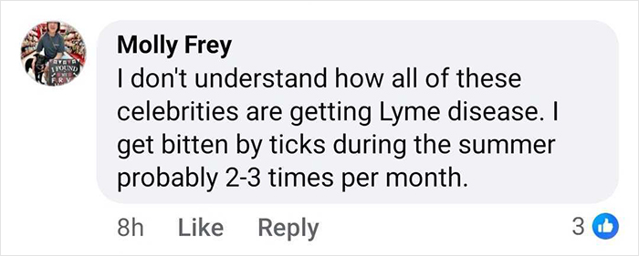Comment from Molly Frey discussing celebrities getting Lyme disease after Bella Hadid posts alarming hospital photos. Comment from Molly Frey discussing celebrities getting Lyme disease after Bella Hadid posts alarming hospital photos.