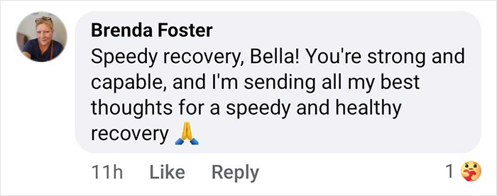 Comment from Brenda Foster wishing Bella Hadid a speedy recovery and sending supportive thoughts after hospital stay. Comment from Brenda Foster wishing Bella Hadid a speedy recovery and sending supportive thoughts after hospital stay.
