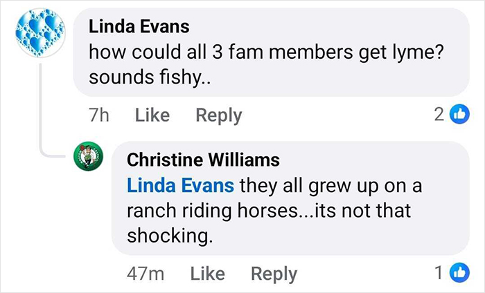 Comments on Lyme disease diagnosis, mentioning family members and ranch life in a social media conversation. Comments on Lyme disease diagnosis, mentioning family members and ranch life in a social media conversation.