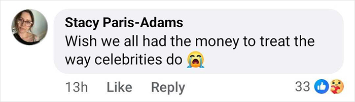 Comment by Stacy Paris-Adams expressing a wish to afford celebrity-level medical treatment with crying emoji. Comment by Stacy Paris-Adams expressing a wish to afford celebrity-level medical treatment with crying emoji.