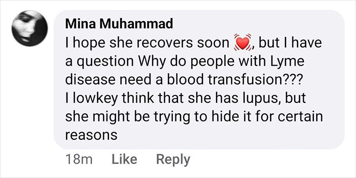 Comment discussing Bella Hadid’s health, mentioning Lyme disease and concerns about her hospital photos. Comment discussing Bella Hadid’s health, mentioning Lyme disease and concerns about her hospital photos.
