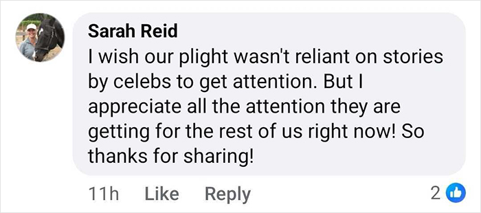Comment from Sarah Reid discussing celebs sharing stories and raising attention about invisible suffering and hospital experiences. Comment from Sarah Reid discussing celebs sharing stories and raising attention about invisible suffering and hospital experiences.