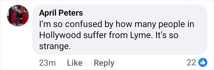 Comment discussing confusion about how many people in Hollywood suffer from Lyme disease, relating to Bella Hadid’s hospital photos. Comment discussing confusion about how many people in Hollywood suffer from Lyme disease, relating to Bella Hadid’s hospital photos.