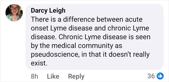 Social media comment discussing chronic Lyme disease and its recognition by the medical community amid health struggles. Social media comment discussing chronic Lyme disease and its recognition by the medical community amid health struggles.