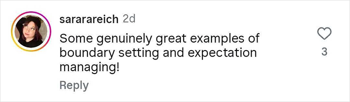 Screenshot of a social media comment praising great examples of boundary setting and expectation managing. Screenshot of a social media comment praising great examples of boundary setting and expectation managing.