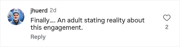 Comment on social media by Jhuerd expressing relief about an adult stating reality regarding Taylor Swift’s wedding engagement. Comment on social media by Jhuerd expressing relief about an adult stating reality regarding Taylor Swift’s wedding engagement.
