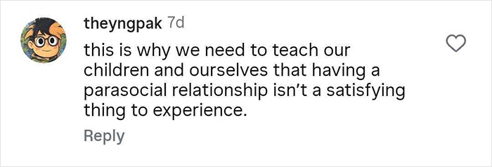 Comment about teaching children that parasocial relationships are not satisfying, related to mom and 6YO daughter's reaction to Taylor Swift wedding. Comment about teaching children that parasocial relationships are not satisfying, related to mom and 6YO daughter's reaction to Taylor Swift wedding.