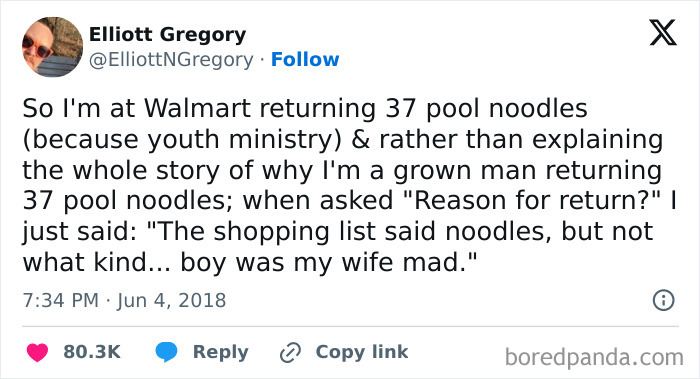 Man humor meme about returning 37 pool noodles without explaining to Walmart, highlighting men humor and coping.