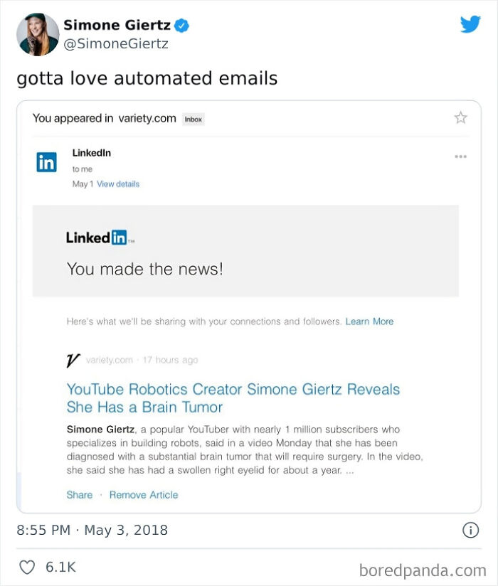 Tweet showing automated LinkedIn email alert about a news feature, highlighting companies that failed miserably on social media.