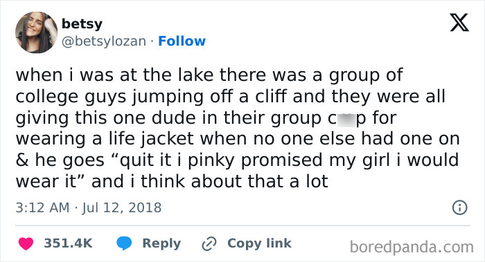 Tweet about a wholesome relationship moment where a guy promises his girl to wear a life jacket while cliff jumping.